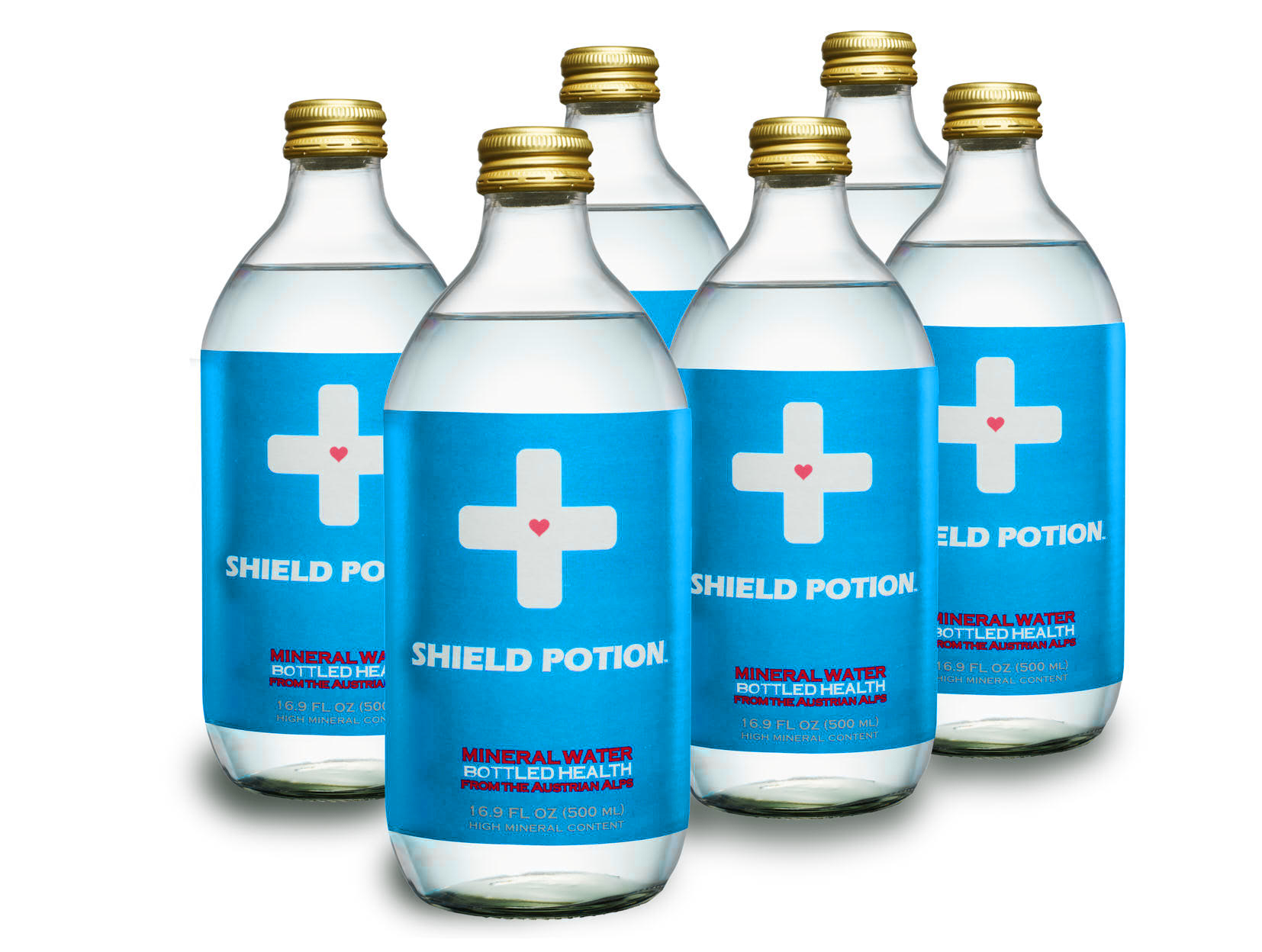 Six Pack of Shield Potion bottles stacked sideways.
