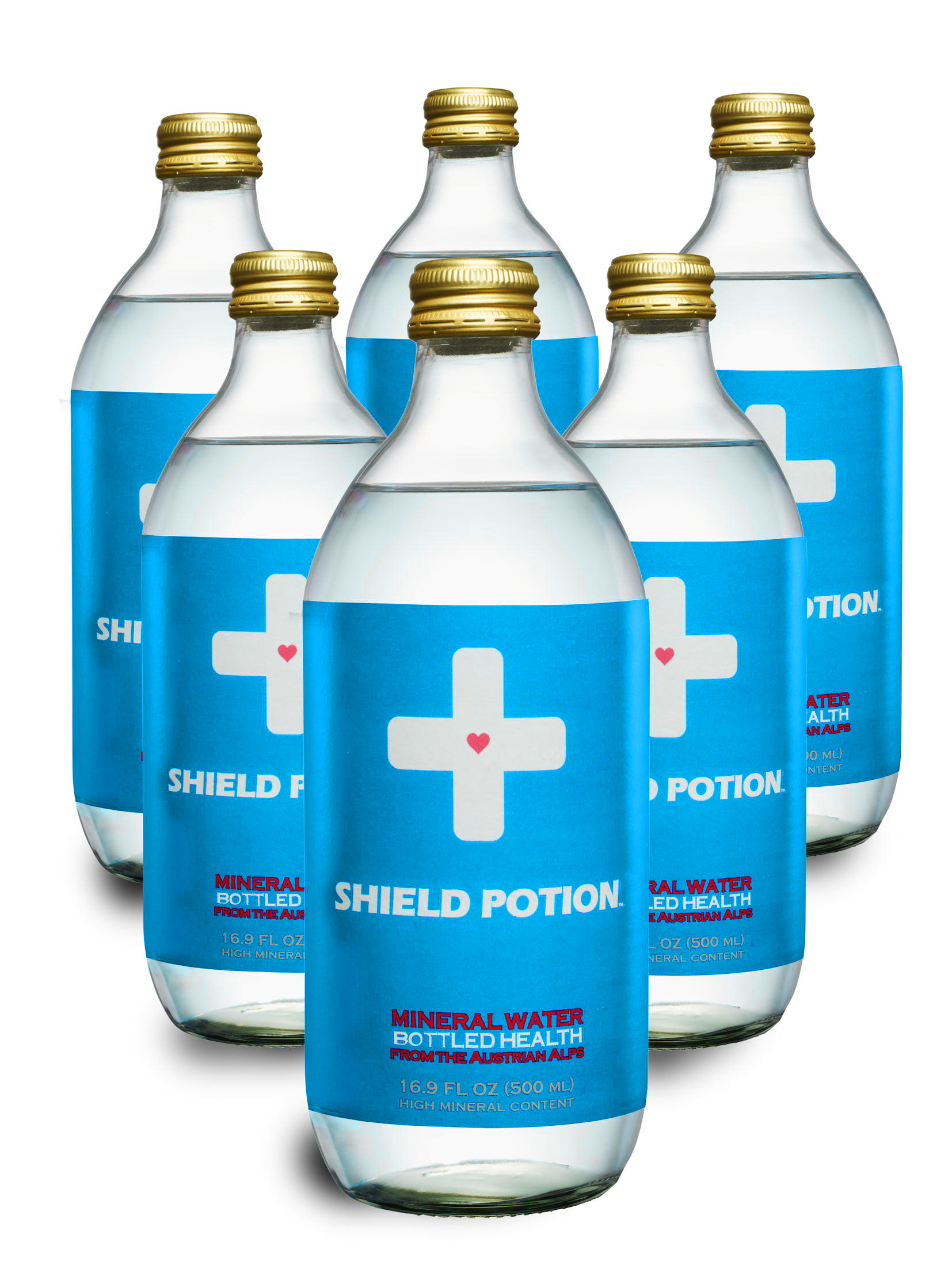 Six Pack of Shield Potion bottles stacked in a row.